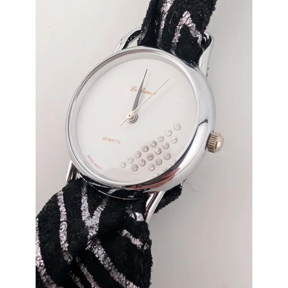 Vintage Le Baron Watch Women 29mm Silver Case Black Leather Fabric Band- Working